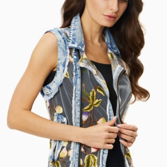 Adore Jackets & Blazers - Adore Floral Embroidered Sheer Denim Vest